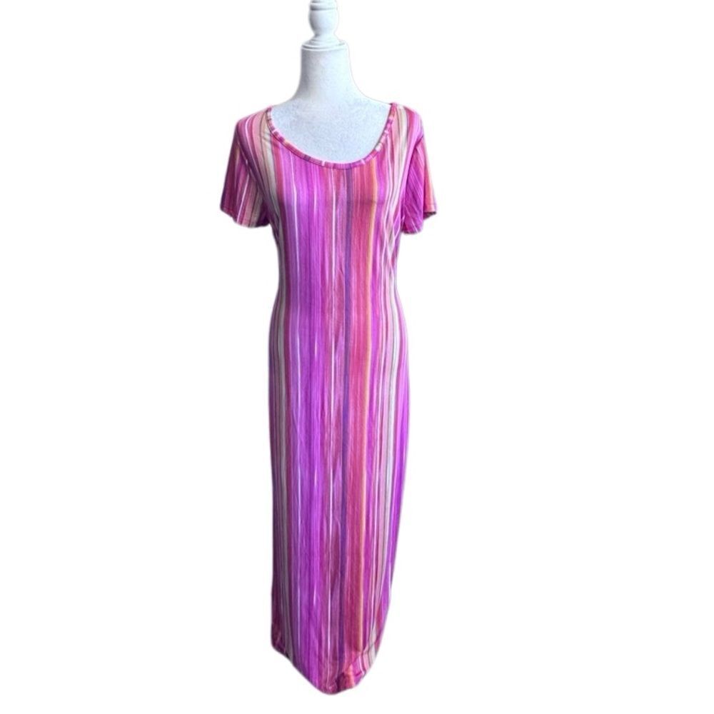 Lexington Avenue Maxi Dress Short  Sleeve Colorful Tie Slits SZ L NWOT